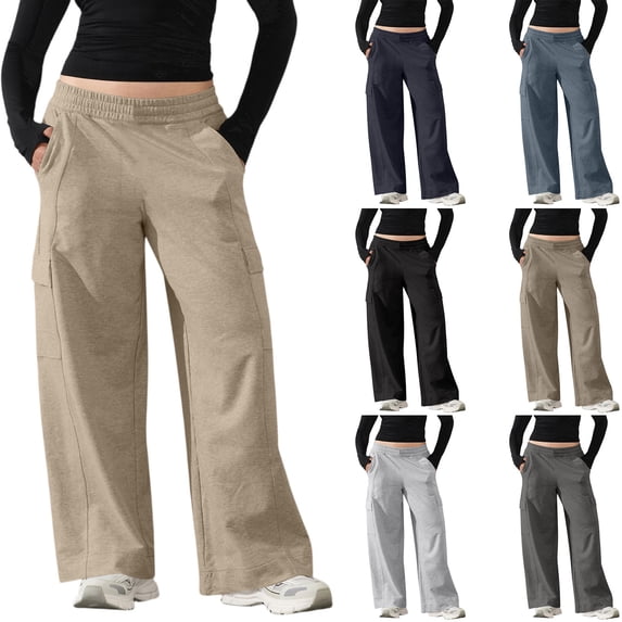 Dxzfnsa Wide Leg Sweatpants for Women Elastic High Waisted Patch Detail 2025 Loose Casual Trousers Pant with Pockets Womens Sweatpants(Beige,S-2XL)