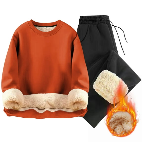 Dxzfnsa Winter 2 Piece Sets Men's Casual Solid Color Fleece Sweatsuits Keep Warm Long Sleeve Round Neck Sweatshirts Drawstring Straight Leg Sweatpants with Pockets