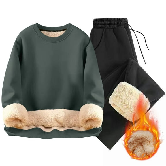Dxzfnsa Winter 2 Piece Sets Men's Casual Solid Color Fleece Sweatsuits Keep Warm Long Sleeve Round Neck Sweatshirts Drawstring Straight Leg Sweatpants with Pockets