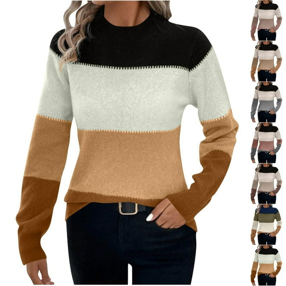 Dxzfnsa Winter Clothing for Women Womens Color Block Sweaters Long Sleeve Crewneck Pullover Knit Jumper Tops S-XL
