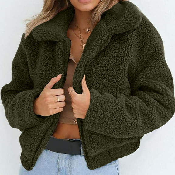 Dxzfnsa Winter Coats for Women Womens Ladies Warm Artificial Wool Coats Zipper Up Solid Color Jackets Long Sleeve Lapel Collar Fleece Sweatshirt Coats