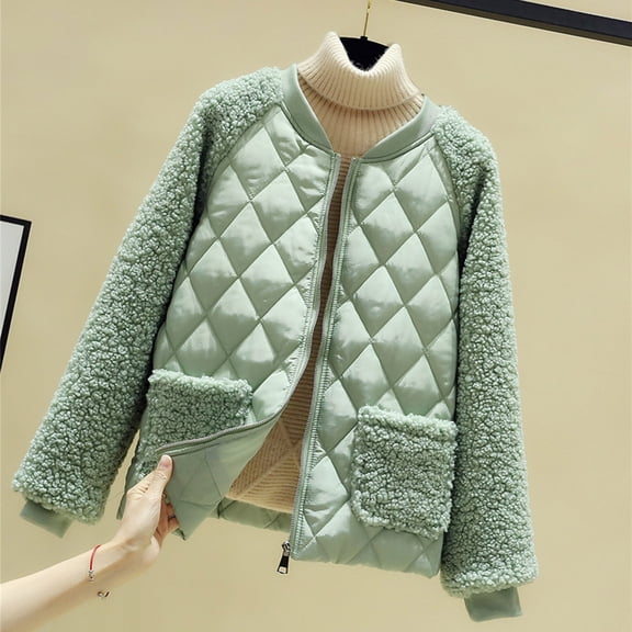 Dxzfnsa Winter Womens Lambswool Coats Fashion Imitation Wool Lamb Patchwork Jackets Round Neck Pockets Zipper Coats