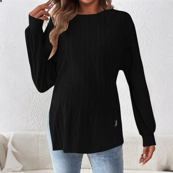 Dxzfnsa Women Fashionable Casual Round Neck Solid Color Loose Long Sleeved Top Plus Size Womens Clothing Black-M