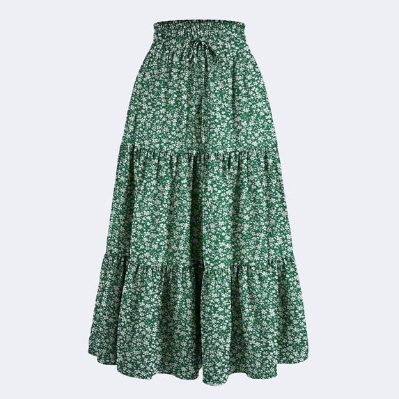 Dxzfnsa Women Plus size Skirts Women's Elastic Waist Maxi Skirts High Waisted Pleated A-Line Swing Skirts Summer Floral Long Skirts