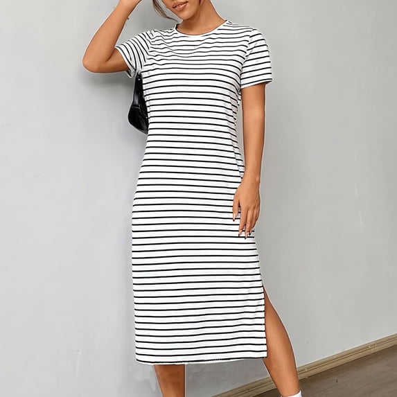 Dxzfnsa Women Summer Tshirt Dresses Women's Casual Striped Short Sleeve Crew Neck Knee Length Dresses Comfy Solid Color Dresses with Pockets