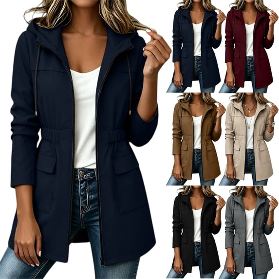 Dxzfnsa Women Waterproof Outdoor Hiking Drawstring Raincoat Windproof Rain Jacket Lightweight Hooded Jackets Zipper Trench Coats with Pockets S-2XL