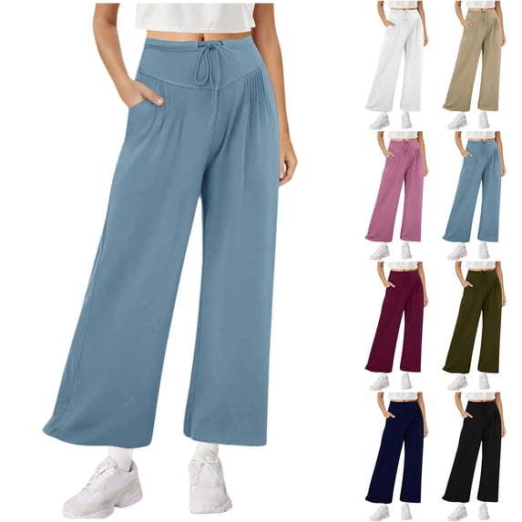 Dxzfnsa Women Wide Leg Sweatpants Drawstring Straight Pants Elastic Waist Joggers Open Bottom Sweatpants with Pockets S-2XL