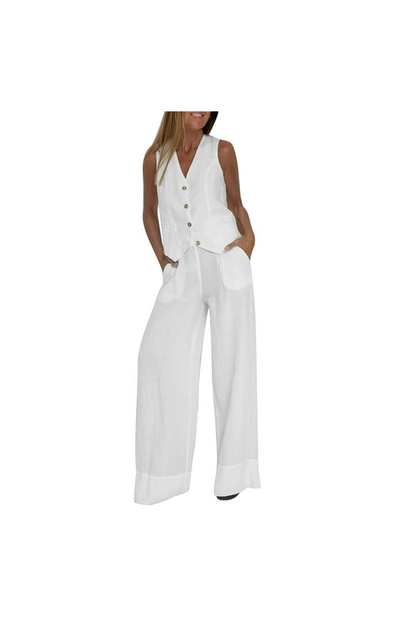 Women's 2 Piece Outfits Summer Lightweight Cotton Linen Solid Color V Neck Vests + Loose Wide Leg Pants Suits Womens Dressy Casual Sets