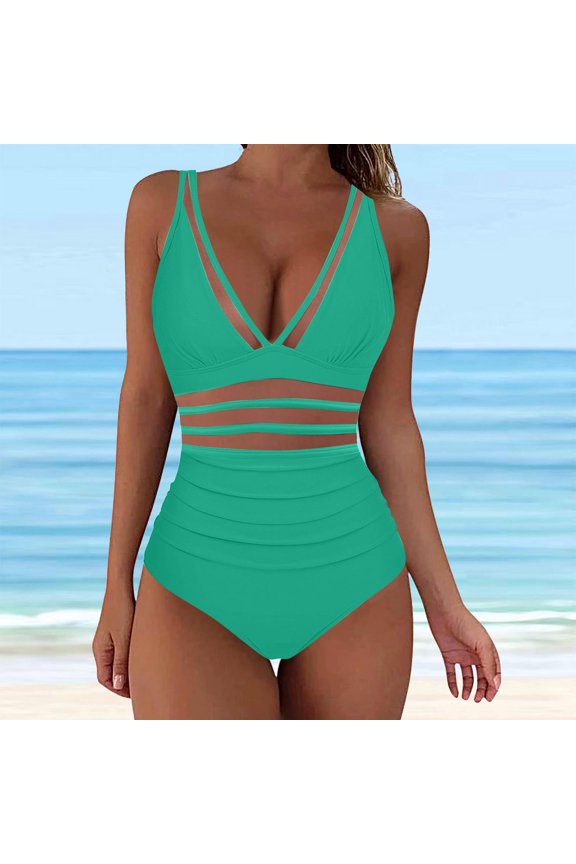 Women's Bikini Swimsuits Women One Piece Solid Color Deep V Neck Bathing Suits Tummy Control Mesh Hollow Out Swimwear