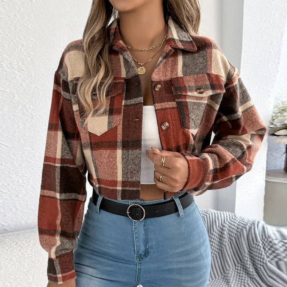 Dxzfnsa Women's Brushed Flannel Shirt Jacket Shacket Long Sleeve Cotton Button Down Plaid Jacket Shirt with Pocket Fall Clothes for Women,Orange-L