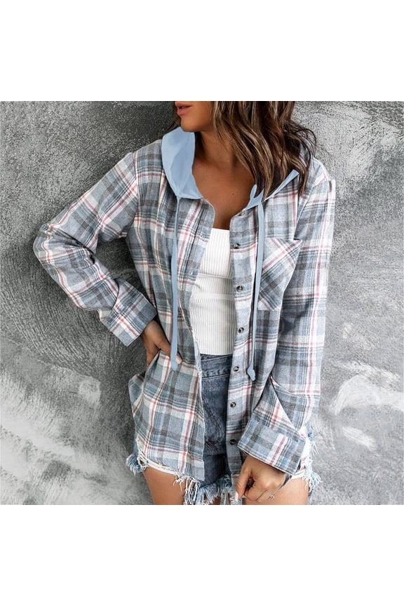 Women's Brushed Flannel Shirt Jacket Shacket Long Sleeve Cotton Button Down Plaid Jacket Shirt with Pocket Shirts for Women,Blue-S