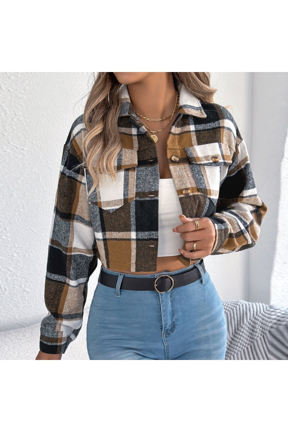 Women's Brushed Flannel Shirt Jacket Shacket Long Sleeve Cotton Button Down Plaid Jacket Shirt with Pocket Winter Clothing for Women,Khaki-S