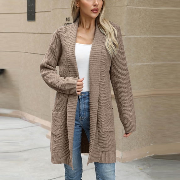 Dxzfnsa Women's Cardigan Sweaters Long Sleeve Plus Size Solid Colid Cable Knit Cardigans Open Front Outerwear with Pockets