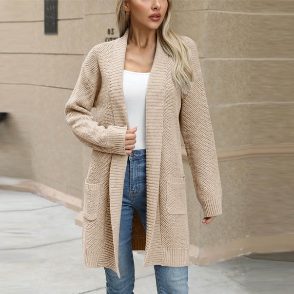 Dxzfnsa Women's Cardigan Sweaters Long Sleeve Plus Size Solid Colid Cable Knit Cardigans Open Front Outerwear with Pockets