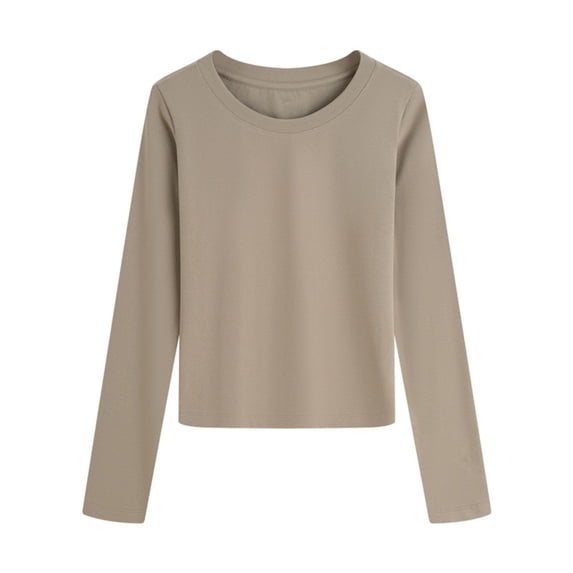 Dxzfnsa Women's Casual Round-neck Fall/Winter Long Sleeved Loose Blouses Shirts Women's Tops Khaki-XL