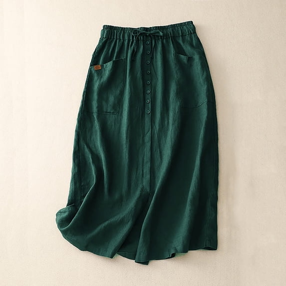 Dxzfnsa Women's Cotton Linen Midi Skirts Women Casual Flowy Elastic High Waist A-Line Skirts Summer Comfortable Solid Color Long Boho Skirts