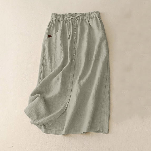Dxzfnsa Women's Cotton Linen Midi Skirts Women Casual Flowy Elastic High Waist A-Line Skirts Summer Comfortable Solid Color Long Boho Skirts