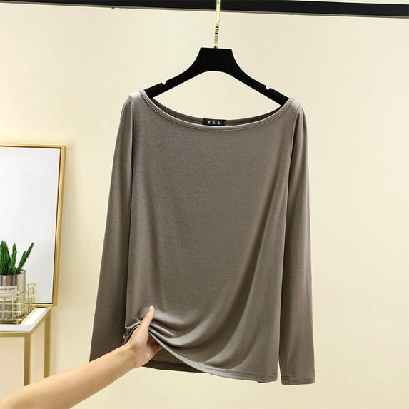 Dxzfnsa Women's Fashion Casual-neck Internal Construction Solid Color Shirt Long Sleeve Top Long Sleeve Tops for Women Gray-XL