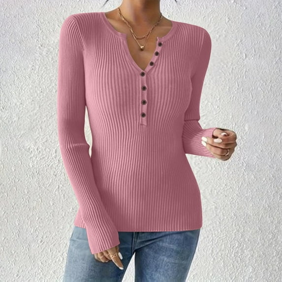 Dxzfnsa Women's Fashion Solid Color Long Sleeve Round-Neck Blouses Button Leisure Shirts for Women Pink-XS