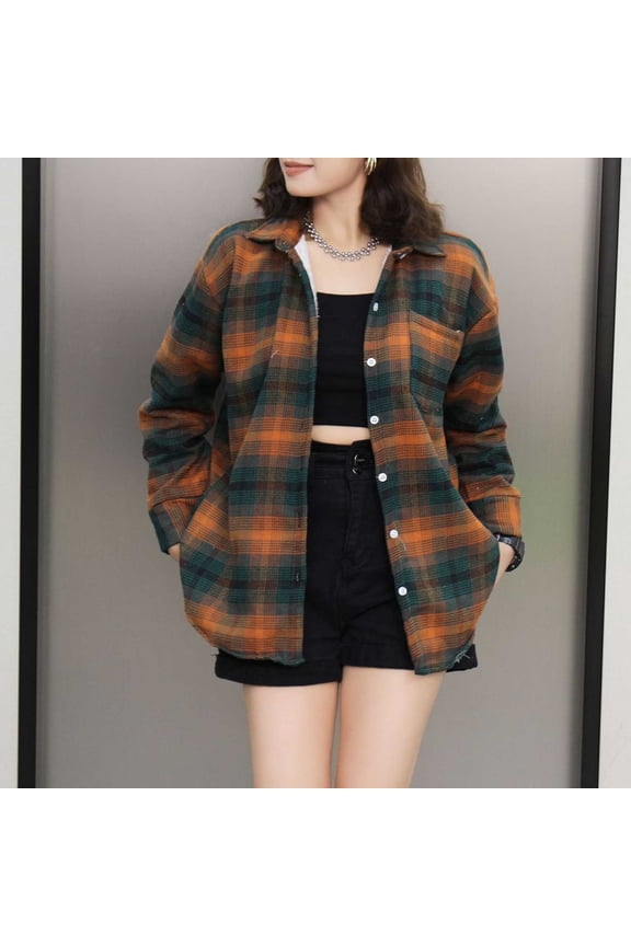 Women's Flannel Plaid Shacket 2025 Fall Outfits Long Sleeve Button Down Shirts Jacket Coats with Side Pockets Fall Clothes for Women,Brown-M