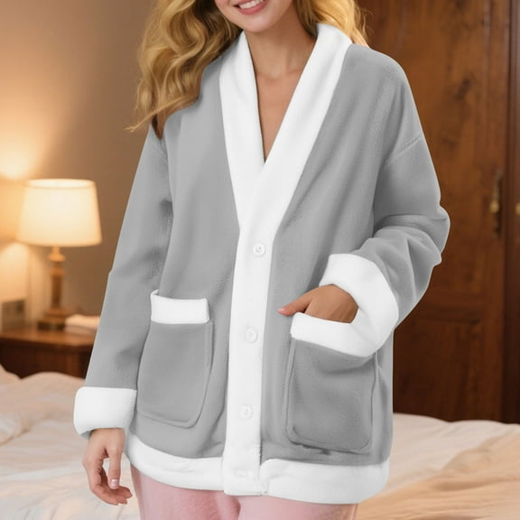 Dxzfnsa Women's Fleece Bed Jackets Flannel Thickened Long Sleeve Cardigan Pajamas Loose Solid Color Button Up Homestay Tops with Pockets