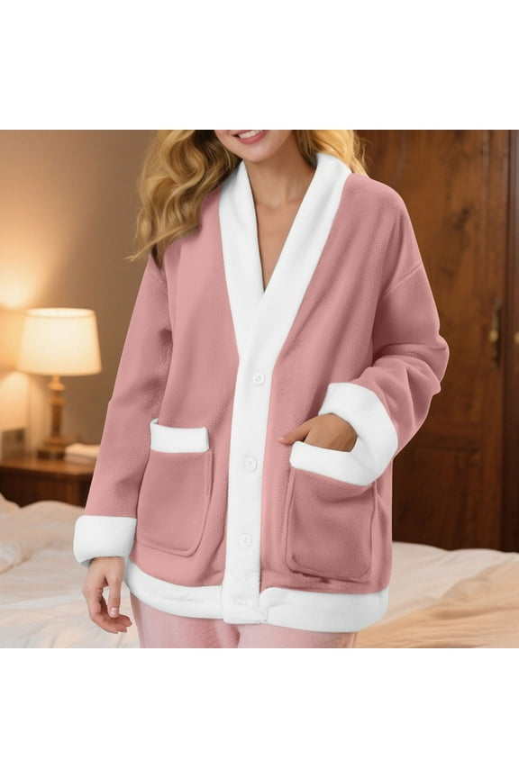 Women's Fleece Bed Jackets Flannel Thickened Long Sleeve Cardigan Pajamas Loose Solid Color Button Up Homestay Tops with Pockets