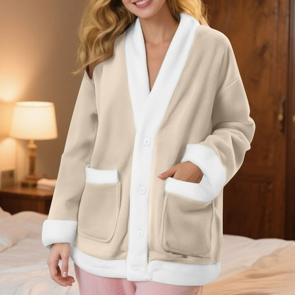 Dxzfnsa Women's Fleece Bed Jackets Flannel Thickened Long Sleeve Cardigan Pajamas Loose Solid Color Button Up Homestay Tops with Pockets
