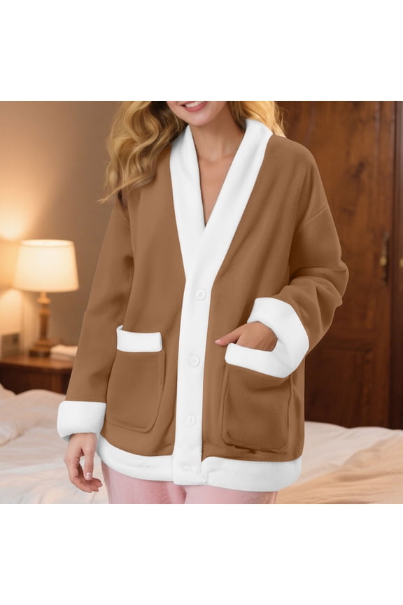 Women's Fleece Bed Jackets Flannel Thickened Long Sleeve Cardigan Pajamas Loose Solid Color Button Up Homestay Tops with Pockets