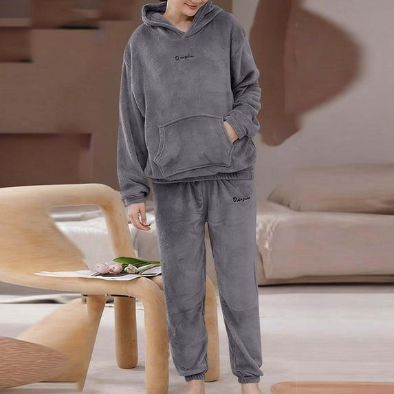 Dxzfnsa Women's Fleece Pajamas Sets Fleece Solid Color Loungewear Long Sleeve Hoodies with Pockets Warm Sweatpants 2 Piece Fluffy Sleepwear