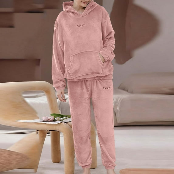 Dxzfnsa Women's Fleece Pajamas Sets Fleece Solid Color Loungewear Long Sleeve Hoodies with Pockets Warm Sweatpants 2 Piece Fluffy Sleepwear