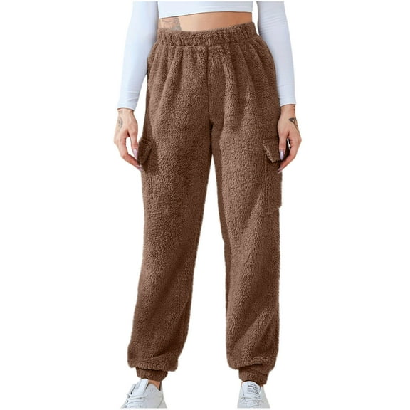 Dxzfnsa Women's Fleece Sweatpants Winter Thermal Sherpa Pants with Pockets High Waisted Elastic Trousers Warm Lounge Casual Solid Color Sweatpants