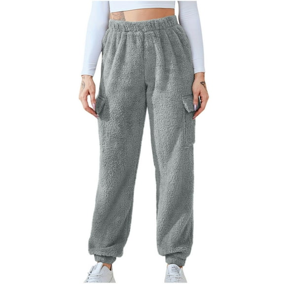 Dxzfnsa Women's Fleece Sweatpants Winter Thermal Sherpa Pants with Pockets High Waisted Elastic Trousers Warm Lounge Casual Solid Color Sweatpants