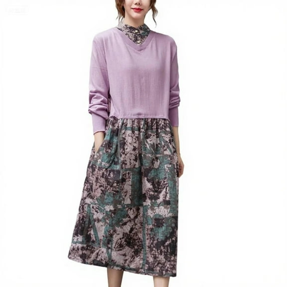 Dxzfnsa Women's Floral Maxi Dress 2025 Fall Long Sleeve Round Neck Casual A Line Long Flowy Boho Party Dresses(Purple,M-2XL)