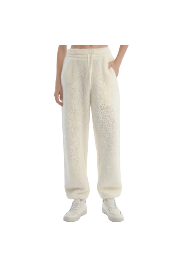 Women's Fuzzy Lounge Pants Comfy Warm Fleece Solid Color Long Sweatpants Drawstring Elastic Waist Wide Leg Trousers with Pockets