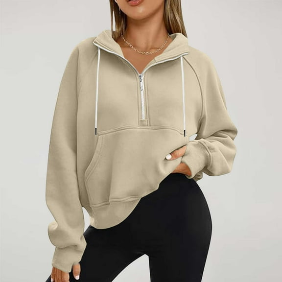 Dxzfnsa Women's Half Zip Sweatshirts Fleece Stand Collar Long Sleeve Sweatshirts Solid Color Thumb Hole Oversized Pullovers with Pockets