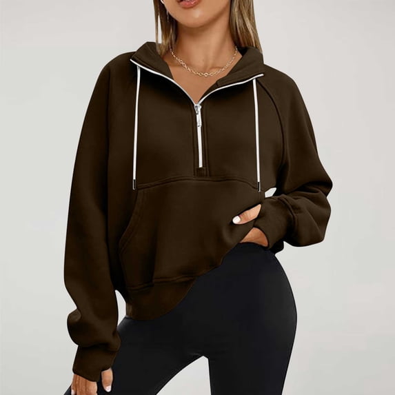 Dxzfnsa Women's Half Zip Sweatshirts Fleece Stand Collar Long Sleeve Sweatshirts Solid Color Thumb Hole Oversized Pullovers with Pockets