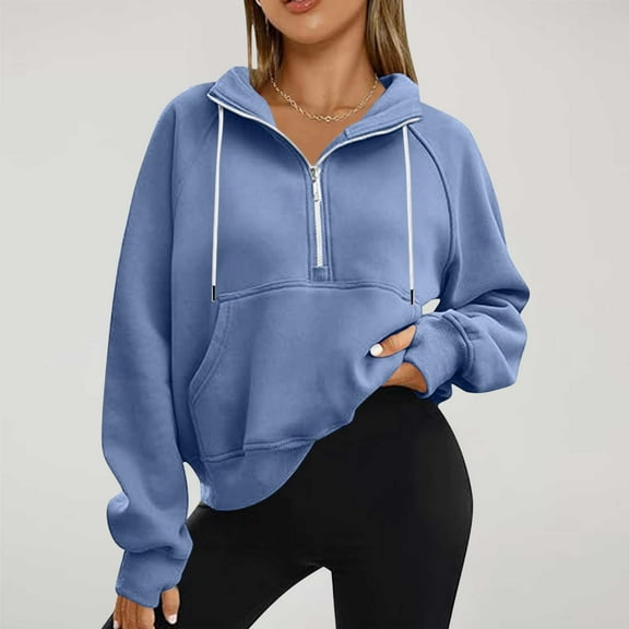 Dxzfnsa Women's Half Zip Sweatshirts Fleece Stand Collar Long Sleeve Sweatshirts Solid Color Thumb Hole Oversized Pullovers with Pockets