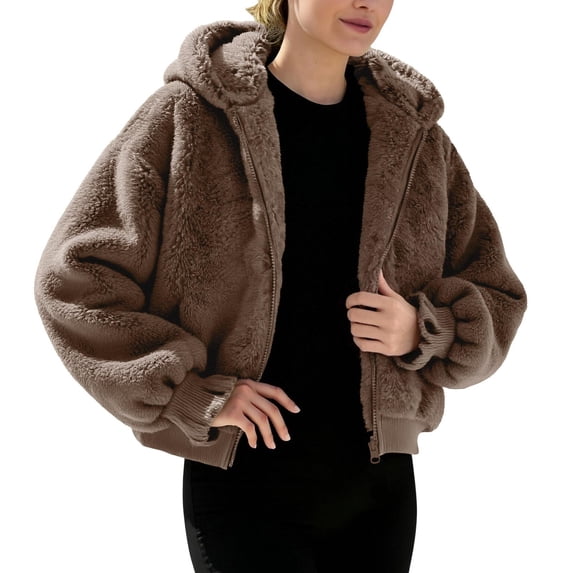 Dxzfnsa Women's Hooded Coat Casual Womens Fleece Fuzzy Faux Shearling Zipper Coats Warm Winter Oversized Solid Color Jackets