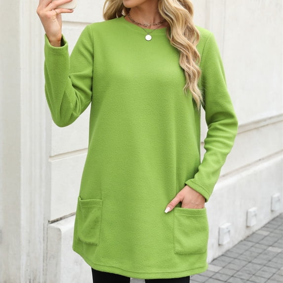 Dxzfnsa Women's Leisure Fall And Winter Round Neck Long Sleeves Pocket Pullover Tops Womens Tops Green-3XL