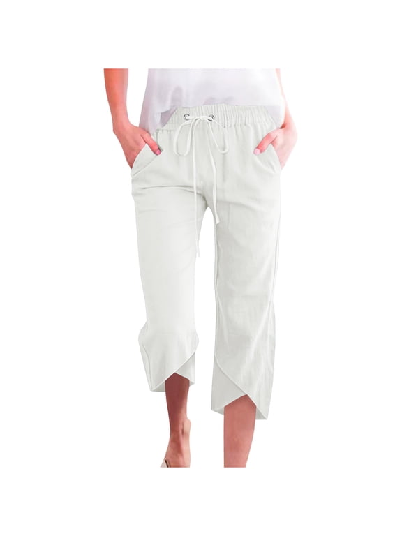 Women’s Linen Capri Pants Flared Wide Leg Drawstring Culottes Summer Loose Elastic Waist Pants with Pocket S-3XL