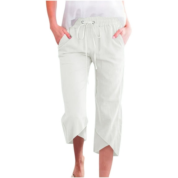 Dxzfnsa Women’s Linen Capri Pants Flared Wide Leg Drawstring Culottes Summer Loose Elastic Waist Pants with Pocket S-3XL
