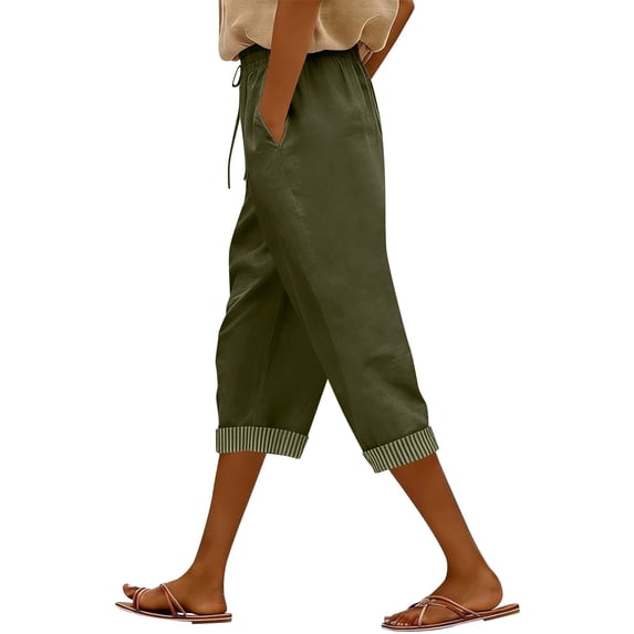 Dxzfnsa Women's Linen Capris Wide Leg Ruffle High Waisted Pants Casual Drawstring Summer Loose Capri Pants with Pockets S-2XL