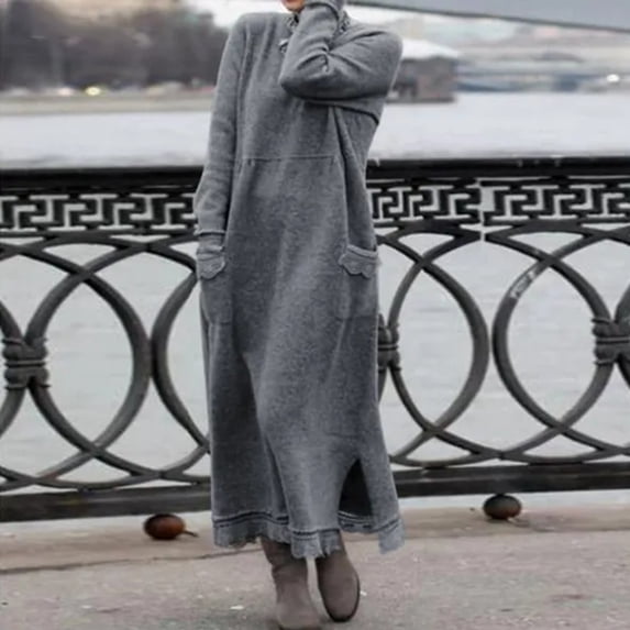 Dxzfnsa Women's Long Sleeve Dresses Fall Womens Solid Color Round Neck Dresses Casual Loose Split Casual Sweatshirt Dresses with Pockets