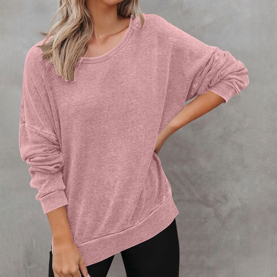 Dxzfnsa Women's Long Sleeved Round Neck Solid Color Fashionable Plaid Top Blouses for Women Dressy Casual Pink-XL