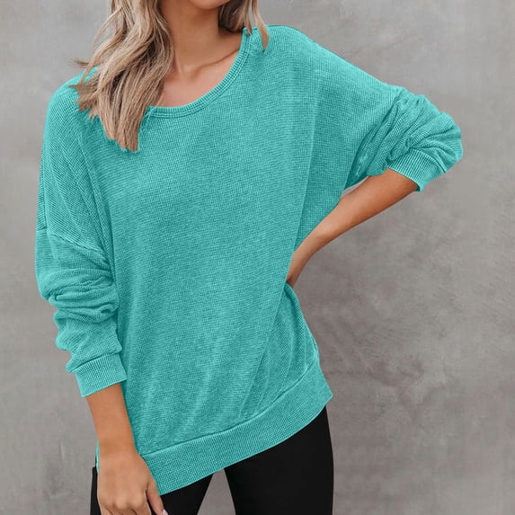 Dxzfnsa Women's Long Sleeved Round Neck Solid Color Fashionable Plaid Top Fall Clothes for Women Sky Blue-XL