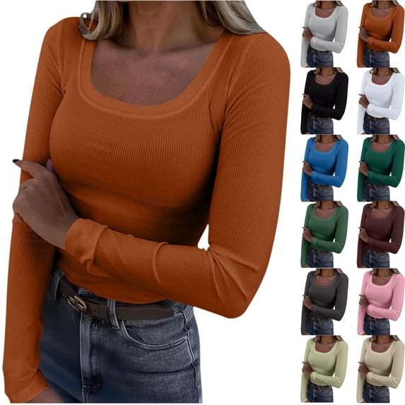 Dxzfnsa Women's Long Sleeve Blouses Scoop Neck Shirts Casual Slim Fit Rib Knit Tops Summer Fall Basic Business Work Tee