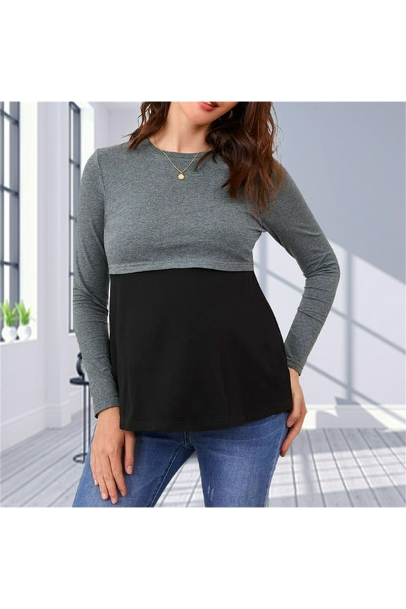 Women’s Maternity Shirts Casual Lightweight Long Sleeve Tops Round Neck Patchwork Breastfeeding Shirts Womens Fashion Solid Color Pregnancy Clothes