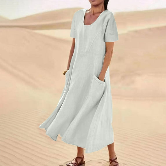 Dxzfnsa Women's Maxi Dresses Women's Summer Crew Neck Solid Color Dresses Plus Size Loose Cotton Linen Long Dresses with Pockets