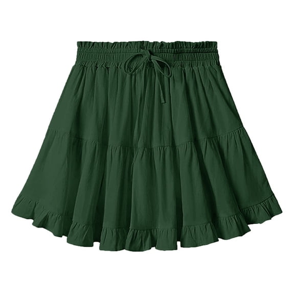 Dxzfnsa Women's Mini Skirts Womens Basic High Waisted Tiered Ruffles Hem Skirts Summer Loose Drawstring Elastic Waist Solid Color Beach Skirts