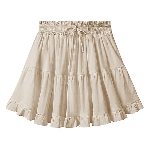 Dxzfnsa Women's Mini Skirts Womens Basic High Waisted Tiered Ruffles Hem Skirts Summer Loose Drawstring Elastic Waist Solid Color Beach Skirts